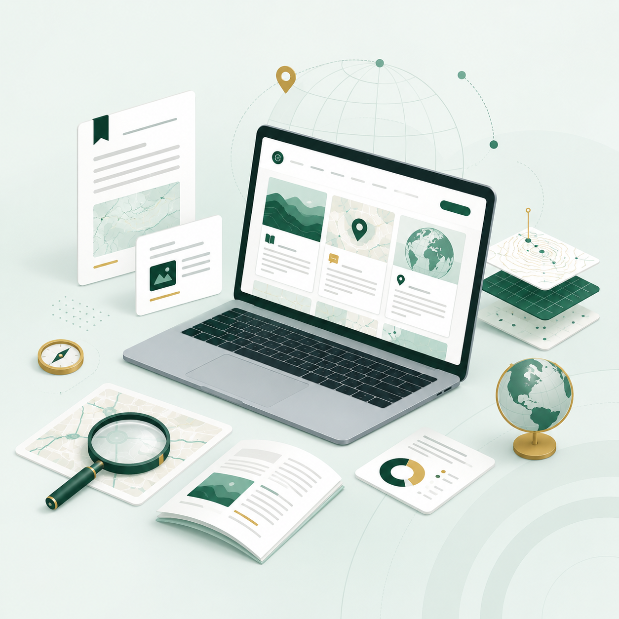 GIS articles, maps, research and spatial analysis displayed around a laptop