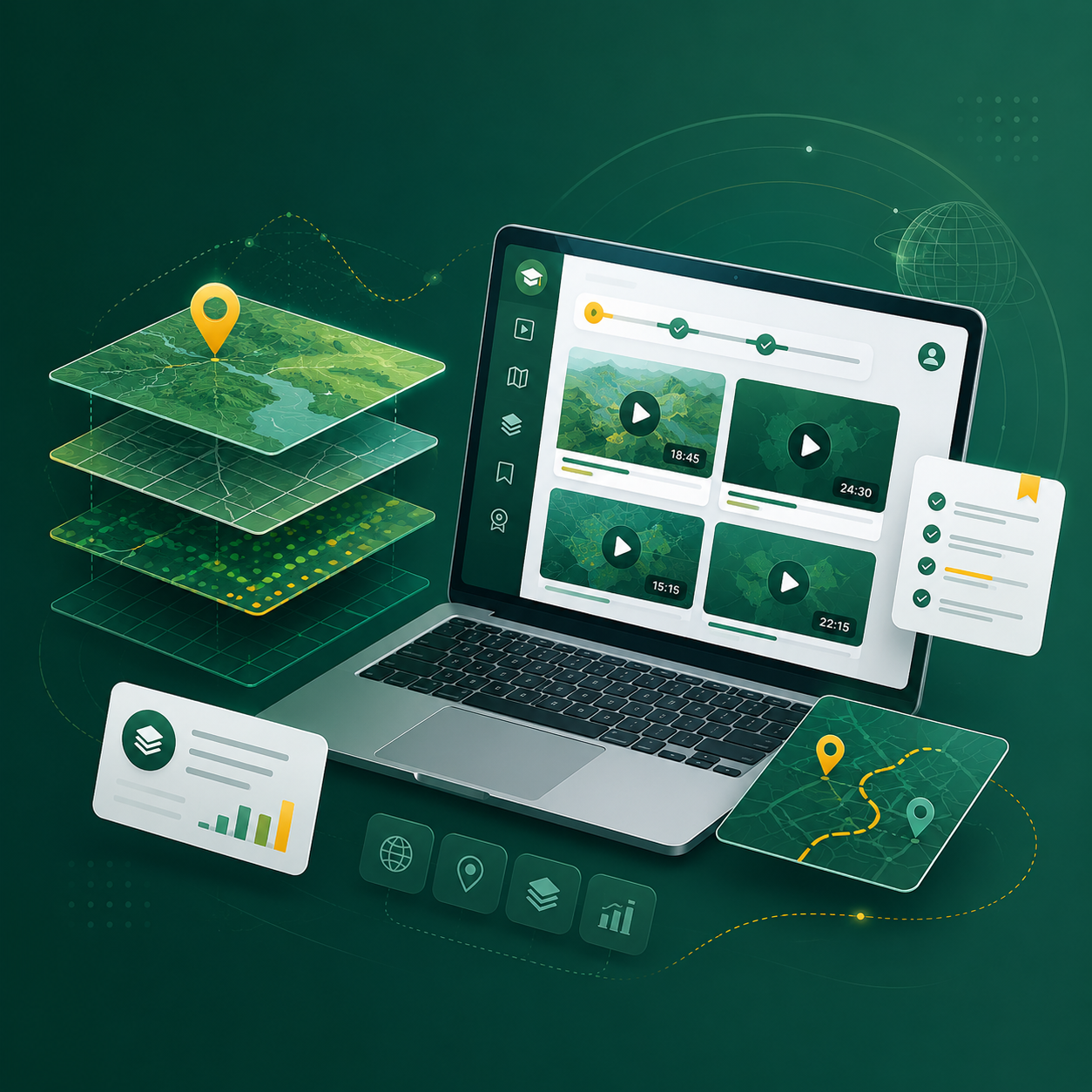 Structured GIS video Courses with maps, lesson progress and spatial layers