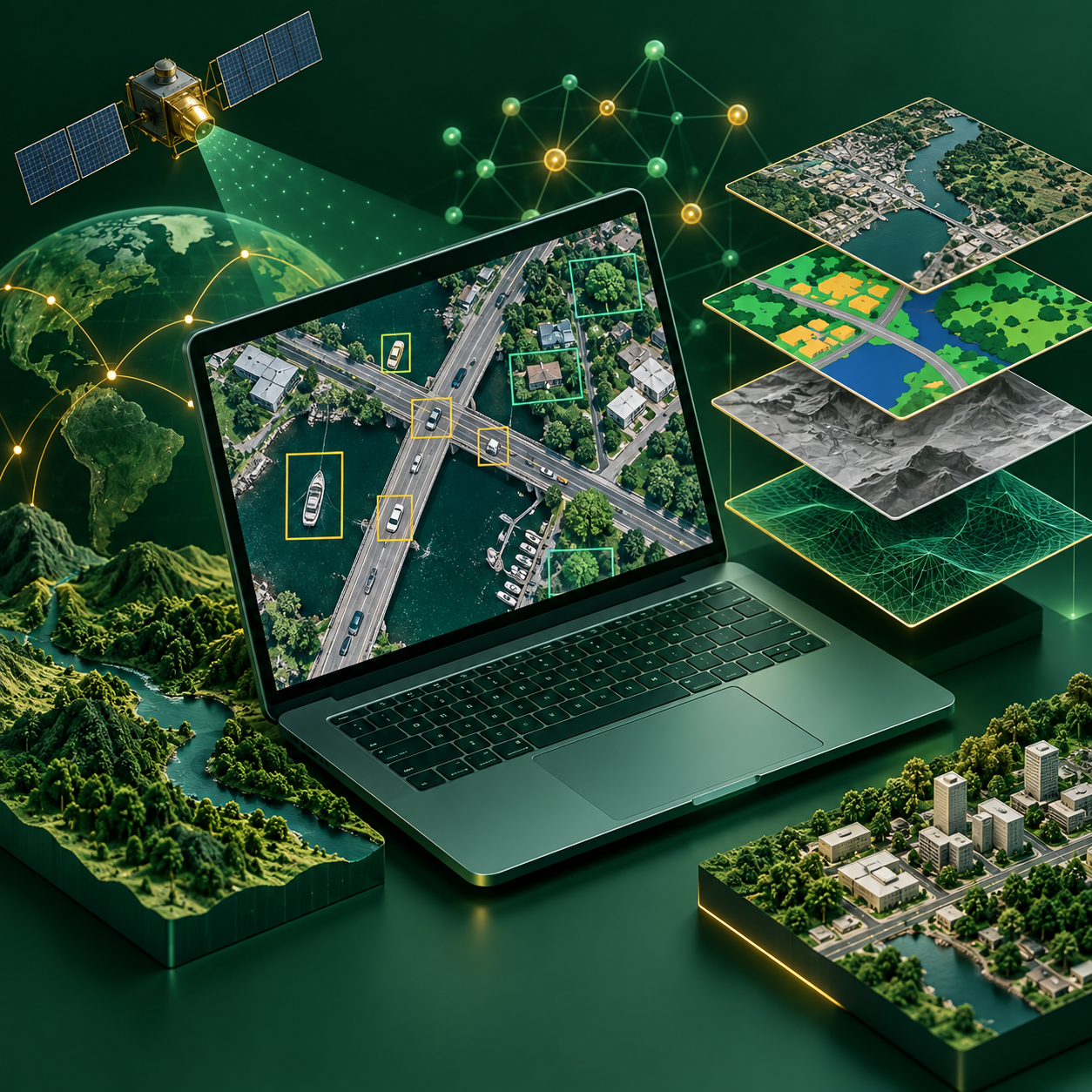 Satellite imagery, AI detection and spatial map layers around a laptop